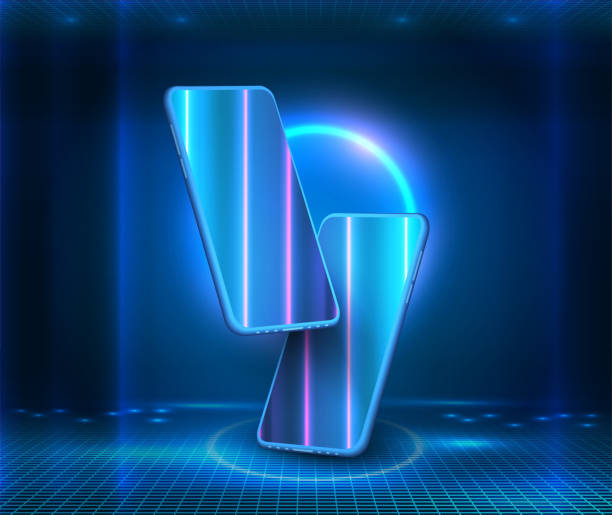 Blue neon lights, virtual reality, circles, energy source, glowing rings. Modern glass smartphone hanging over the table with a smooth dark blue surface in perspective view with reflection. Isometric Blue neon lights, virtual reality, circles, energy source, glowing rings. mobile phone lights up stock illustrations