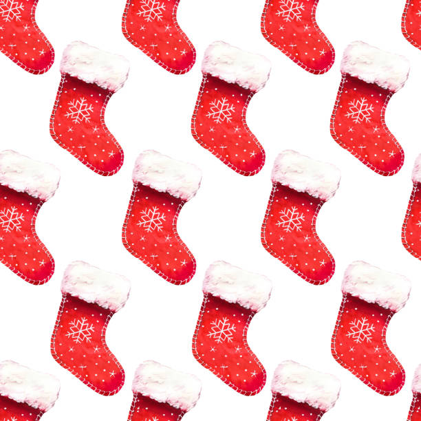 istock Christmas watercolor illustration in picturesque style. Holiday seamless pattern with red socks. New year decoration on white background. 1187362463