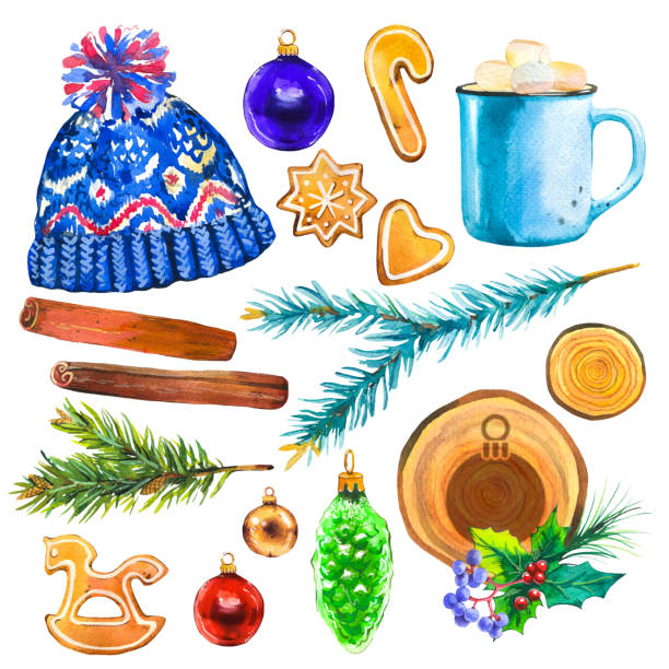 illustrations, cliparts, dessins animés et icônes de illustration d'aquarelle de noel dans le modèle pittoresque. ensemble de vacances avec la cloche, orange, houx, tasse, chapeau, perles, biscuits, boule, branche, épinette, gui. décoration du nouvel an. - bell christmas holly drawing