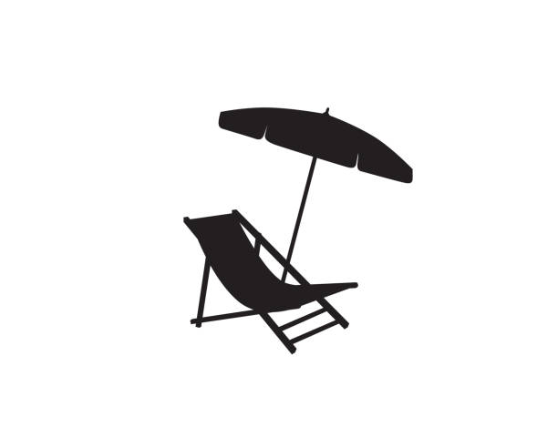 갑판 의자 우산 여름 해변 휴가 기호 실루엣 아이콘입니다. 긴 의자, 파라솔 분리. 휴일의 일광욕 해변 리조트 기호 - outdoor chair beach chair umbrella stock illustrations