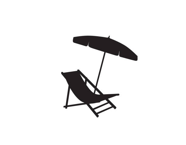 ilustrações de stock, clip art, desenhos animados e ícones de deckchair umbrella summer beach holiday symbol silhouette icon. chaise longue, parasol isolated. sunbath beach resort symbol of the holidays - sunbed