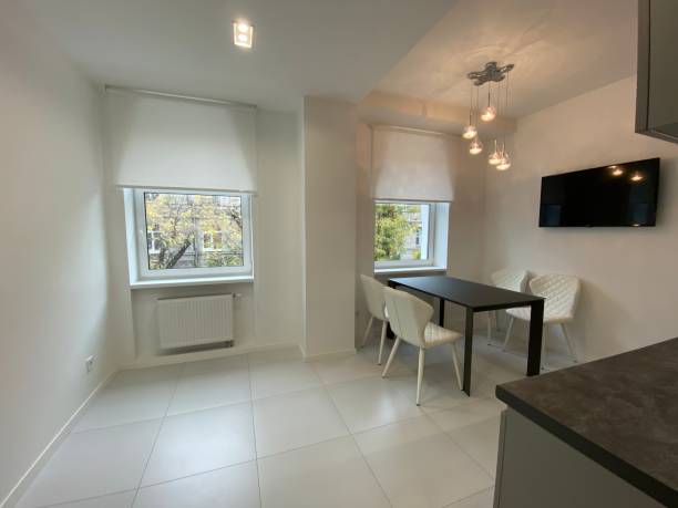 istock designer kitchen in white style with a TV 1187363885