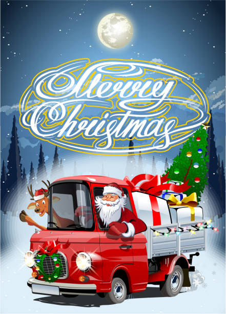 istock Vector Christmas card with cartoon retro Christmas truck 1187363988