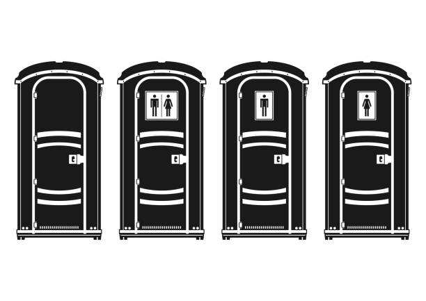Portable toilet. Portable toilet. Silhouettes of four plastic molded outdoor cubicle. Side view. Flat vector. Outhouse stock illustrations