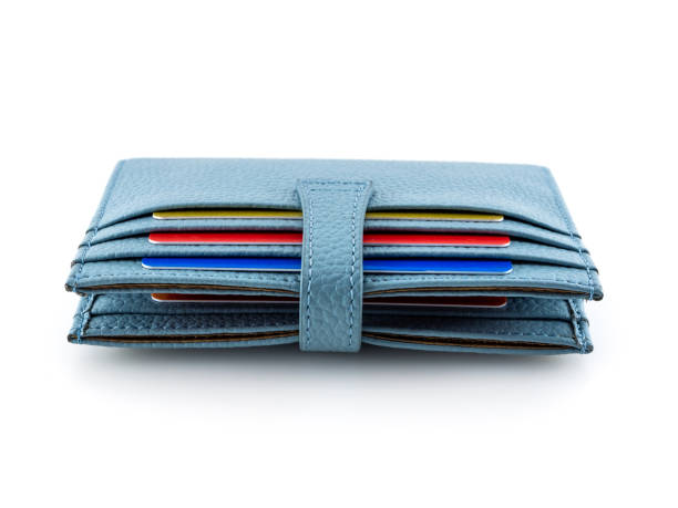 Blue color cardholder full of different plastic cards
