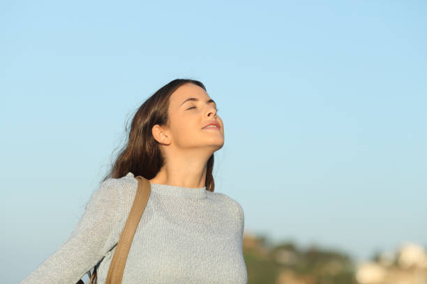 istock Relaxed woman breathing fresh air with a blue sky 1187367031