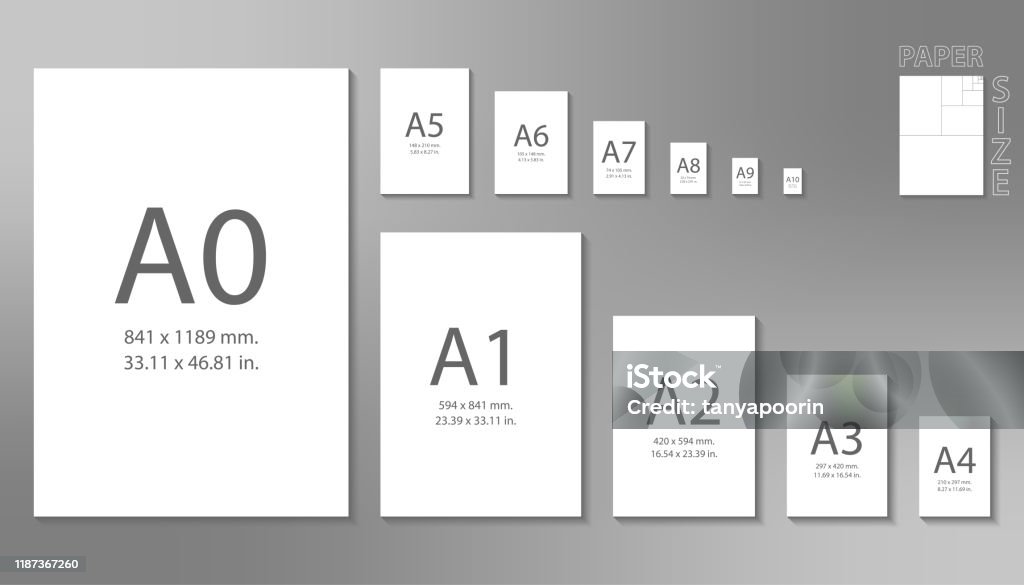 Paper Sizes A0 To A10 Format Isolated On Grey Background Stock paper-sizes-a0-to-a10-format-isolated-on-grey-background-stock