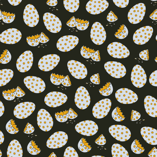 illustrazioni stock, clip art, cartoni animati e icone di tendenza di modello vettoriale senza cuciture con uova spotty su sfondo nero. punti gialli sul design dell'uovo rotto. - animal egg chicken new cracked