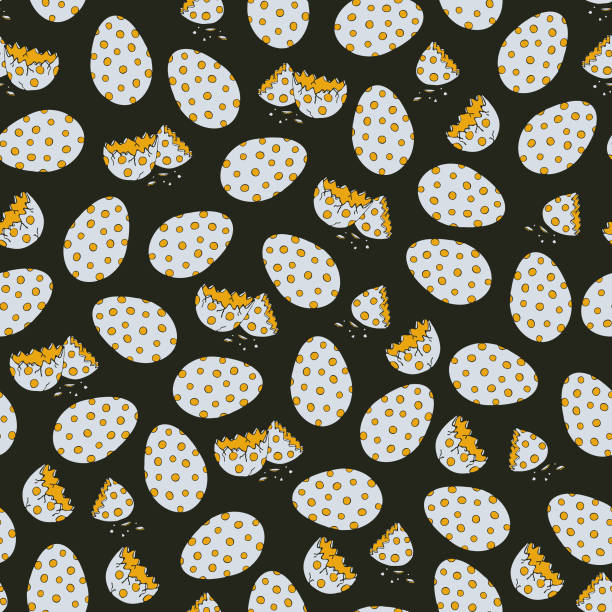 검은 배경에 얼룩이 계란이있는 원활한 벡터 패턴. 깨진 계란 디자인에 노란색 점. - animal egg chicken new cracked stock illustrations