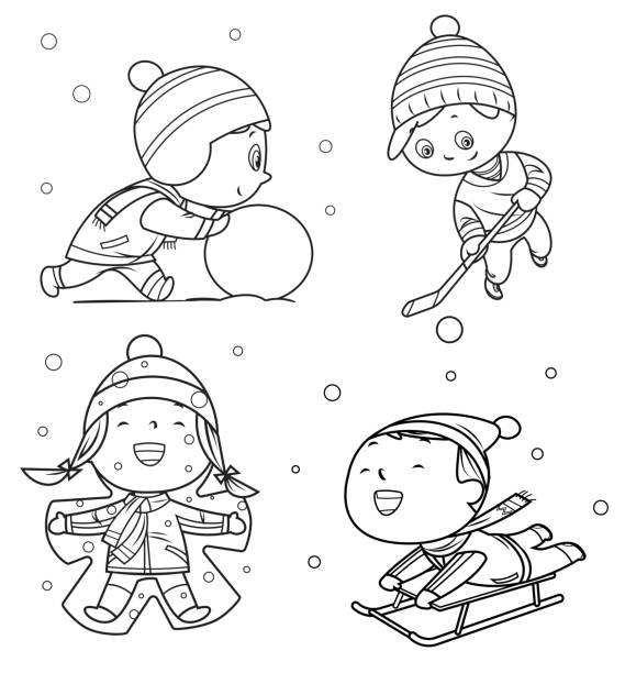 Coloring Book, Happy childrens playing in winter games Vector Coloring Book, Happy childrens playing in winter games snow angels stock illustrations