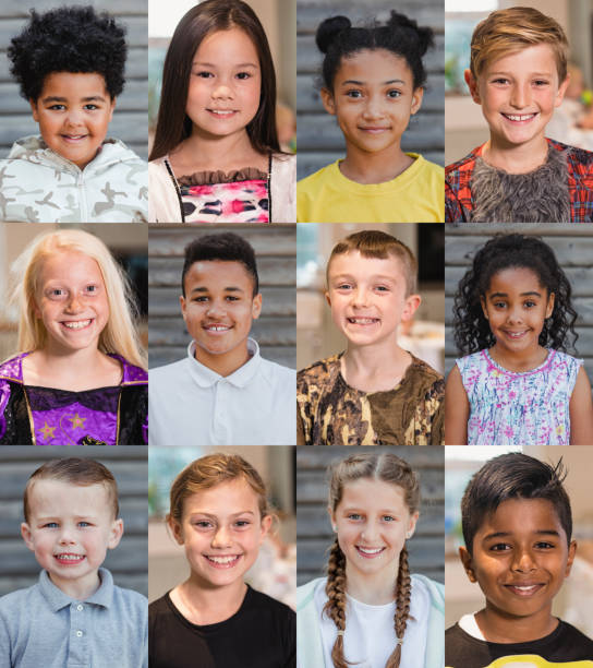 A Happy Childhood Image montage featuring 12 portraits of unique individuals. mixed age range photos stock pictures, royalty-free photos & images
