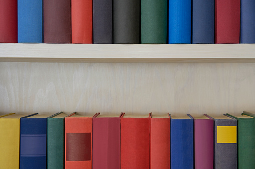 Detail of a book shelf with a row of books with colorful covers