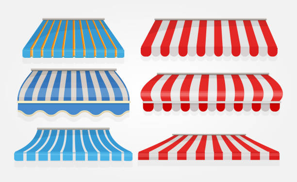 istock Stripe tent. Shopping or restaurant window canopy awning tent with red lines vector collection isolated 1187372864