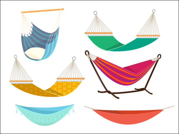 istock Hammock set. Comfort lifestyle outdoor bed rest place from fabric vector cartoon collection 1187372869