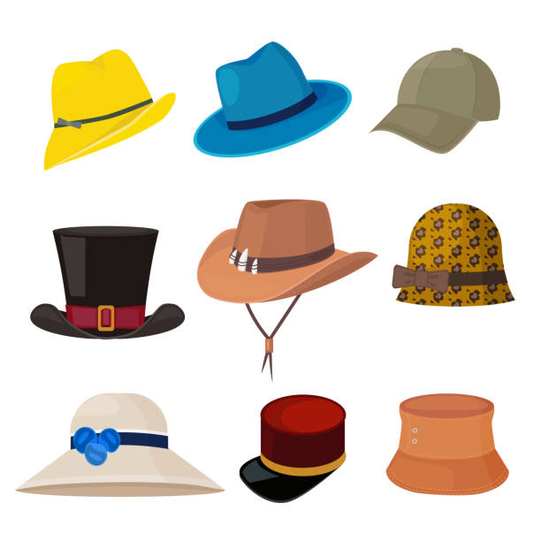 ilustrações, clipart, desenhos animados e ícones de chapéus de desenho saque. acessórios à moda masculinos e fêmeas da coleção lisa da forma do headwear do wardrobe - cowboy hat personal accessory equipment headdress