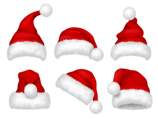санта красная шляпа. партия меха рождество традиционные бархатные шляпы вектор реалистичные образы - santa hat stock illustrations