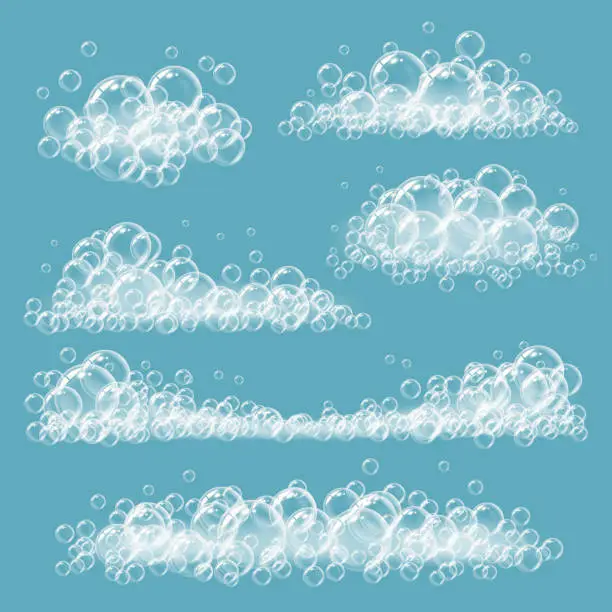 Vector illustration of Foaming bubbles. Soapy transparent circles and balls white realistic vector foam templates