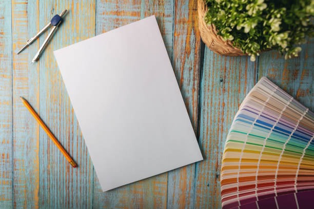 design mockup - blank notebook with color swatch. top view