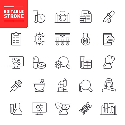 Laboratory, science, healthcare and medicine, editable stroke, icon, icon set, outline, test tube, chemistry, mortar and pestle, flask