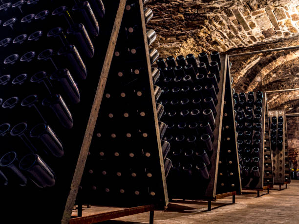 champagne bottles in cellar - aging process french culture winemaking next to imagens e fotografias de stock
