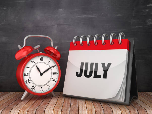 istock JULY Calendar with Alarm Clock on Chalkboard Background - 3D Rendering 1187375824