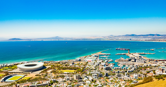 Cape Town, South Africa - October 15, 2019: Elevated Panoramic view of V&A Waterfront Harbor in Cape Town South Africa