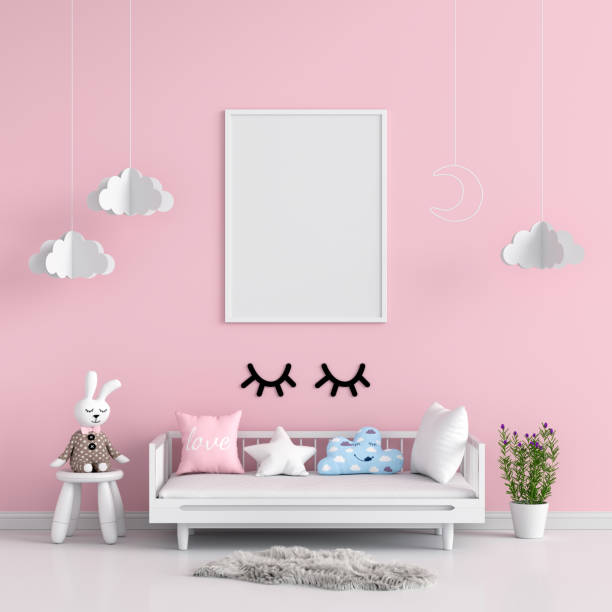 istock Blank photo frame for mockup in pink child room, 3D rendering 1187381260
