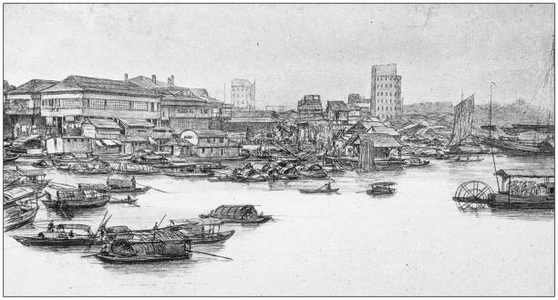 ilustrações, clipart, desenhos animados e ícones de ilustração antiga: guangzhou - illustration and painting beach engraved image engraving