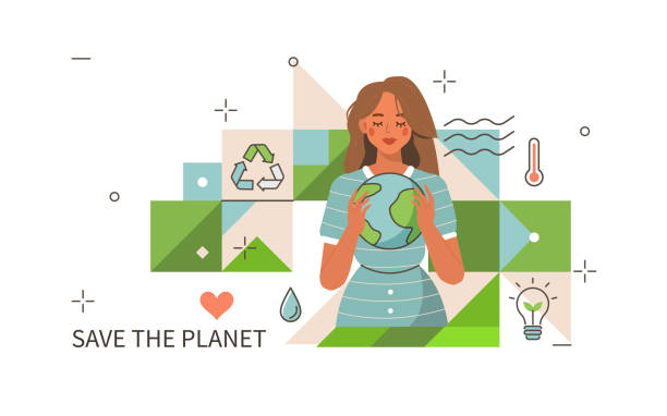 save the planet Woman holding Planet Earth and take care about Ecology Problems. Environmental Protection Social Poster. Save the Planet Concept. World Environment Day. Flat Cartoon Vector Illustration. how to save environment stock illustrations