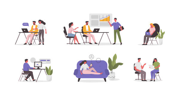 people Business People Characters in Coworking Place. Businessman and Businesswoman Working, Discussing and Meeting in Open Space Office. Coworkers and Freelancers Team. Flat Cartoon Vector Illustration. table illustrations stock illustrations