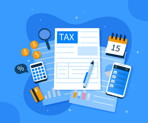 tax Office Desk with Documents for Tax Calculation. Finance Report with Graph Charts. Calendar show Tax Payment Date. Accounting and Financial Management Concept. Flat Cartoon Vector Illustration. tax designs stock illustrations