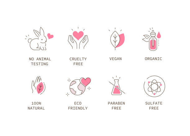 vegan cosmetic Vegan Organic Cosmetic Icons Collection. Not Tested on Animals, Cruelty Free Badges. Eco and Nature Friendly Logo Templates. Flat Line Cartoon Vector Illustration. vegan stock illustrations