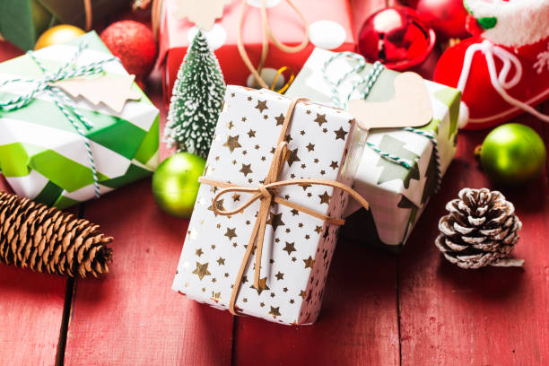 istock Christmas background with gift boxes,  Preparation for holidays. Top view with copy space. 1187390238