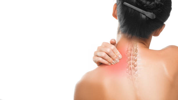 gesundheitskonzept: nackenschmerzen. - pain backache human spine massaging stock-fotos und bilder