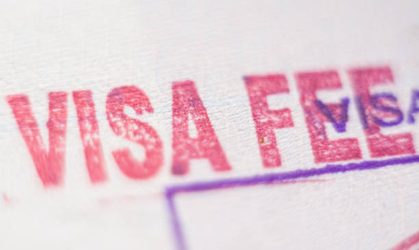 Close up of official customs stamp with the word Visa Fee in focus stock photo