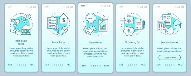 illustrations, cliparts, dessins animés et icônes de location immobilière à bord de l'écran de page d'application mobile avec des concepts linéaires - technology internet application form lease agreement