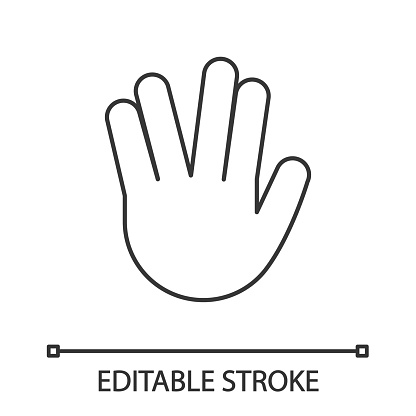 Vulcan salute emoji linear icon. Thin line illustration. Live long and prosper hand gesture. Contour symbol. Vector isolated outline drawing. Editable stroke