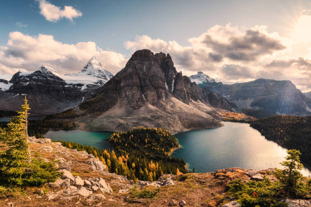 mount assiniboine with sunburst and cerulean lake in autumn pine forest - pine sunset night sunlight imagens e fotografias de stock