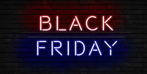 Photo of Black Friday sale. Black Friday text with bright red and blue neon font on blacked brick wall for advertising and promotion. Banner and background, brochure and flyer design concept