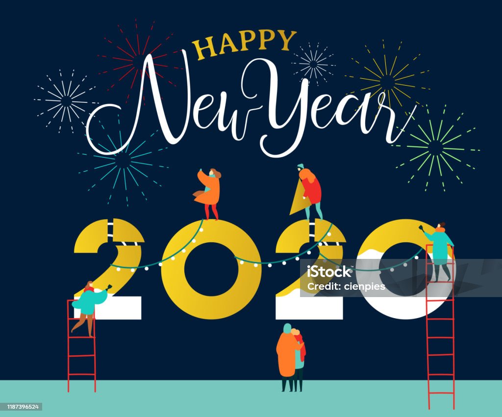 New Year 2020 Card Happy People Friends Together Stock ...