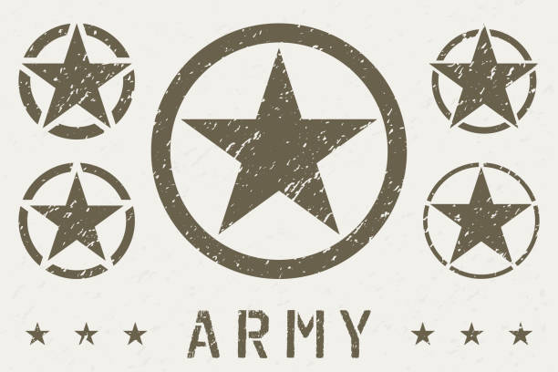 illustrazioni stock, clip art, cartoni animati e icone di tendenza di set di stella dell'esercito. insegne di grado militare. simbolo militare, distintivo, etichetta - military rank badge marines