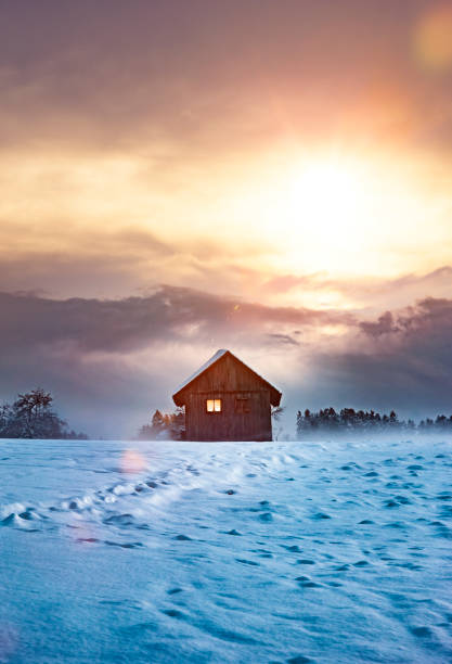 cottage di legno in 40 in vacanze invernali - hut winter snow mountain foto e immagini stock