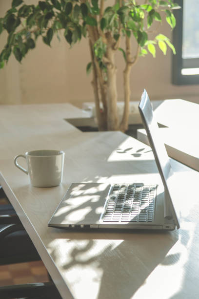 istock Modern workplace with laptop in the shadows. 1187397750