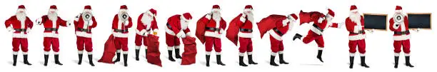Traditional classic red santa claus set collection with  various poses bullhorn megaphone jute bag and blackboard  situations funny isolated on white background