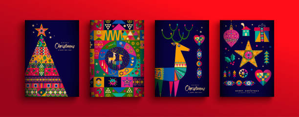 Christmas New Year colorful nordic folk card set Merry Christmas holiday folk art card collection. Template set of scandinavian style xmas tree, reindeer and traditional geometric shapes in festive colors. multi colored background illustrations stock illustrations
