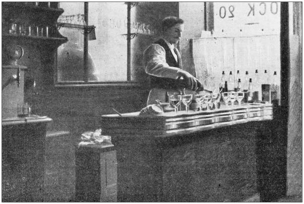 illustrazioni stock, clip art, cartoni animati e icone di tendenza di foto antica: barman che serve bevande - bar