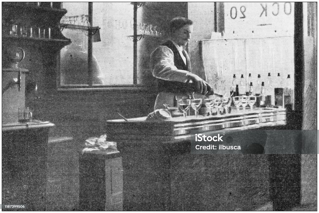 Antique photo: Barman serving drinks Old-fashioned stock illustration
