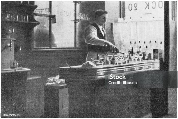 Antique Photo Barman Serving Drinks Stock Illustration - Download Image Now - Old-fashioned, Archival, Retro Style