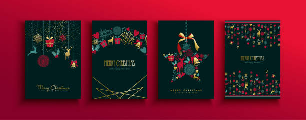 рождественский новый год винтаж золотой олень значок карты набор - christmas card stock illustrations