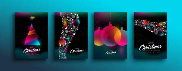 Vector illustration of Christmas New Year color holographic neon card set